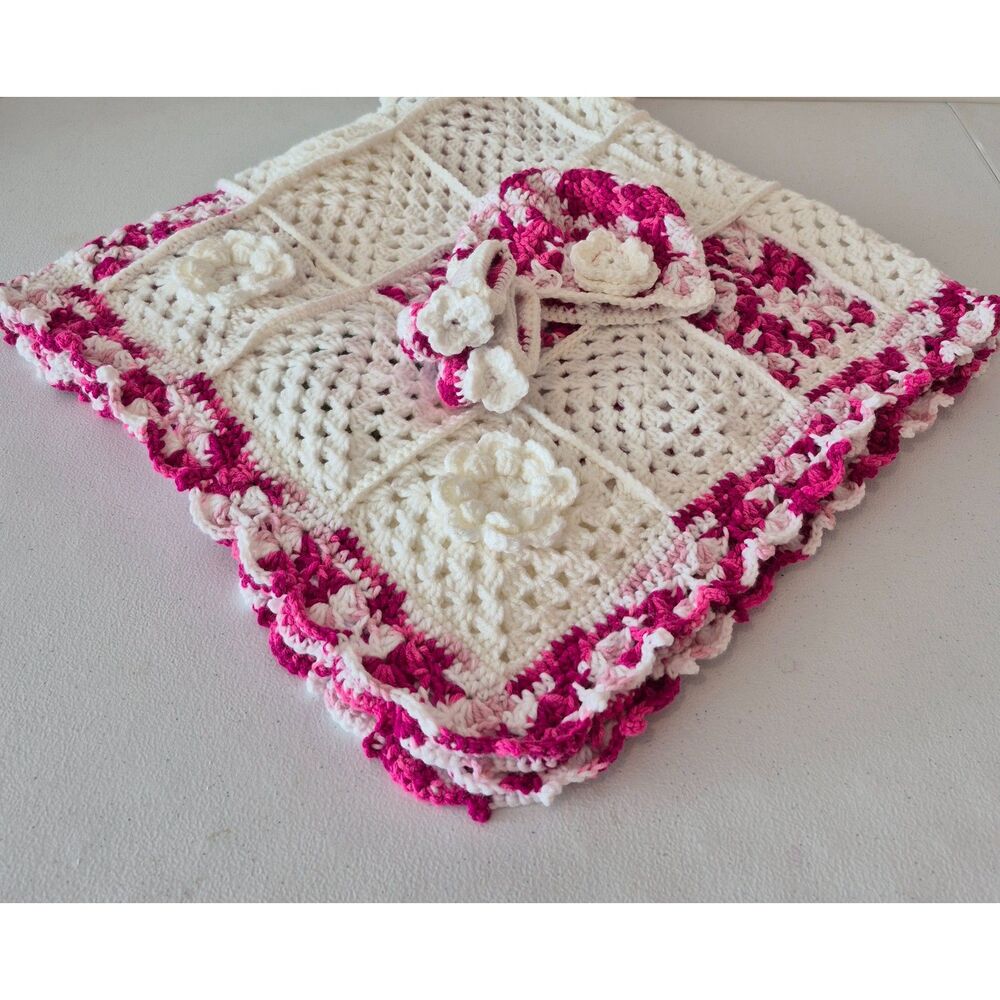 Handmade Crochet Baby Blanket Set with Matching Hat & Booties/36x36 inch Afghan